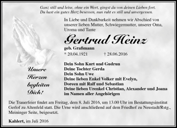 Traueranzeige von Gertrud Heinz von Südthüringer Presse