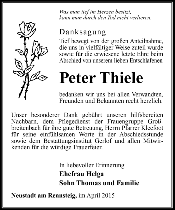 Traueranzeige von Peter Thiele von Südthüringer Presse