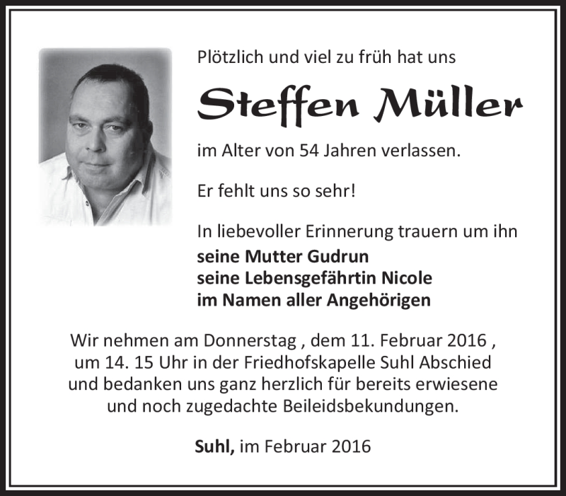  Traueranzeige für Steffen Müller vom 06.02.2016 aus Südthüringer Presse