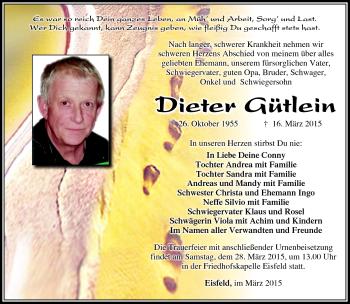 Traueranzeige von Dieter Gütlein von Südthüringer Presse
