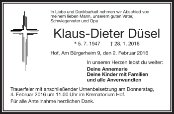 Traueranzeige von Klaus-Dieter Düsel von Frankenpost