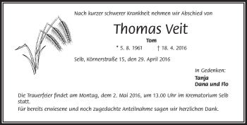 Traueranzeige von Thomas Veit von Frankenpost