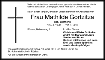 Traueranzeige von Mathilde Gortzitza von Frankenpost