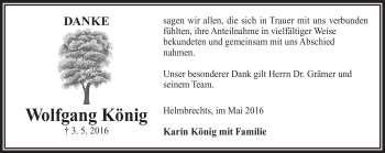 Traueranzeige von Wolfgang König von Frankenpost