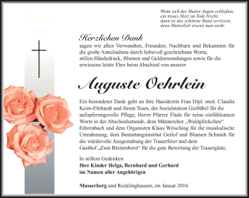 Traueranzeige von Auguste Oehrlein von Südthüringer Presse