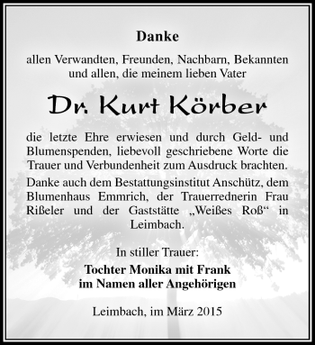 Traueranzeige von Kurt Körber von Südthüringer Presse