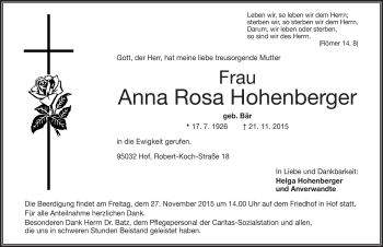 Traueranzeige von Anna Rosa Hohenberger von Frankenpost