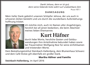 Traueranzeige von Kurt Häfner von Südthüringer Presse