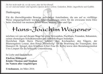 Traueranzeige von Hans-Joachim Wagener von Südthüringer Presse