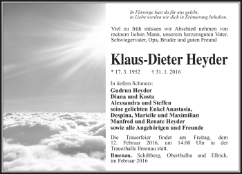 Traueranzeige von Klaus-Dieter Heyder von Südthüringer Presse