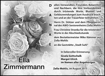 Traueranzeige von Ella Zimmermann von Südthüringer Presse