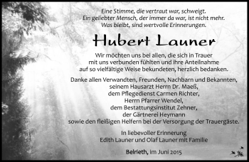Traueranzeige von Hubert Launer von Südthüringer Presse
