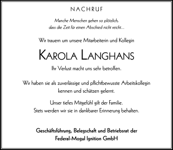 Traueranzeige von Karola Langhans von Südthüringer Presse