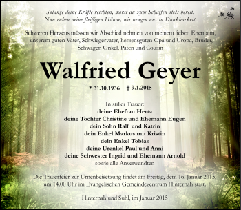 Traueranzeige von Walfried Geyer von Südthüringer Presse