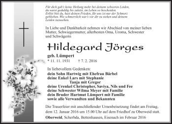 Traueranzeige von Hildegard Jörges von Südthüringer Presse