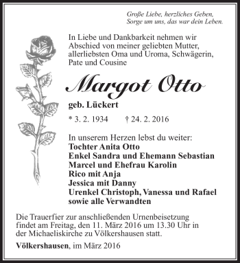 Traueranzeige von Margot Otto von Südthüringer Presse