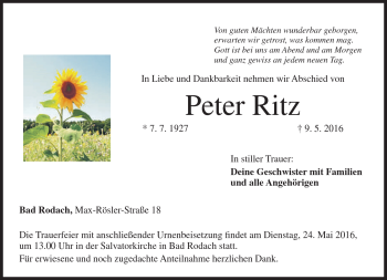 Traueranzeige von Peter Ritz von Neue Presse Coburg