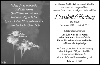 Traueranzeige von Lieselotte Hartung von Südthüringer Presse