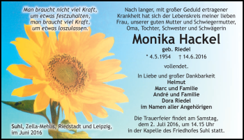 Traueranzeige von Monika Hackel von Südthüringer Presse
