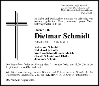 Traueranzeige von Dietmar Schmidt von Südthüringer Presse