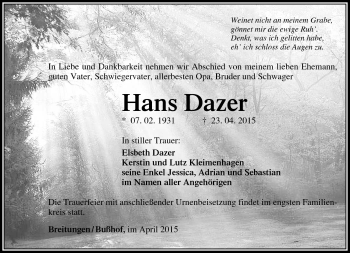Traueranzeige von Hans Dazer von Südthüringer Presse