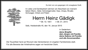 Traueranzeige von Heinz Gädigk von Frankenpost