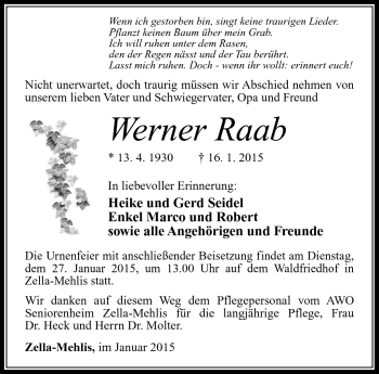 Traueranzeige von Werner Raab von Südthüringer Presse