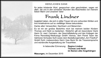 Traueranzeige von Frank Lindner von Südthüringer Presse