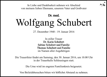 Traueranzeige von Wolfgang Schubert von Südthüringer Presse