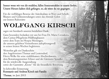 Traueranzeige von Wolfgang Kirsch von Südthüringer Presse