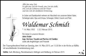 Traueranzeige von Waldemar Schmidt von Südthüringer Presse