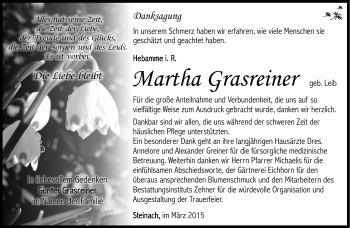 Traueranzeige von Martha Grasreiner von Südthüringer Presse