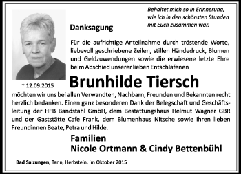 Traueranzeige von Brunhilde Tiersch von Südthüringer Presse