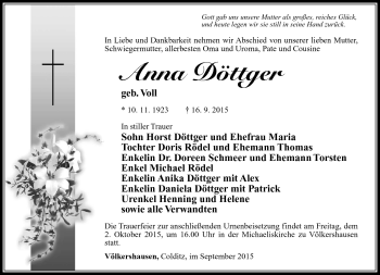 Traueranzeige von Anna Döttger von Südthüringer Presse