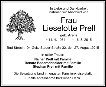 Traueranzeige von Lieselotte Prell von Frankenpost