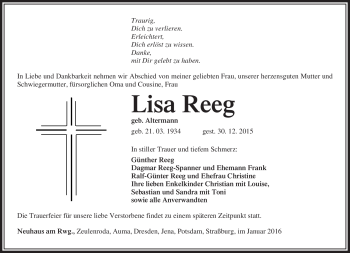 Traueranzeige von Lisa Reeg von Südthüringer Presse