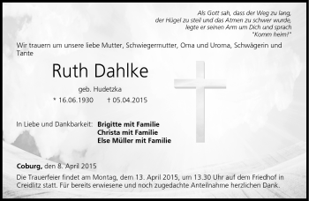 Traueranzeige von Ruth Dahlke von Neue Presse Coburg