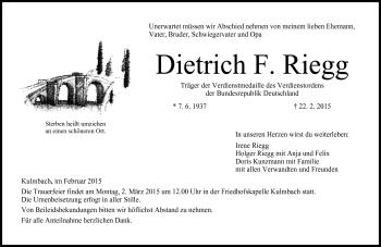Traueranzeige von Dietrich Riegg von Frankenpost