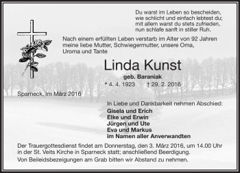 Traueranzeige von Linda Kunst von Frankenpost