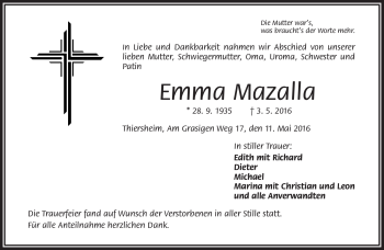 Traueranzeige von Emma Mazalla von Frankenpost