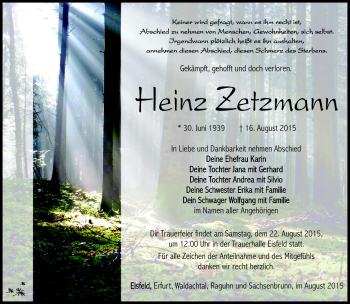 Traueranzeige von Heinz Zetzmann von Südthüringer Presse