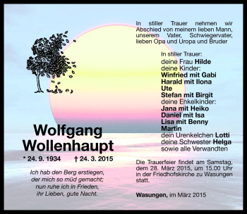 Traueranzeige von Wolfgang Wollenhaupt von Südthüringer Presse
