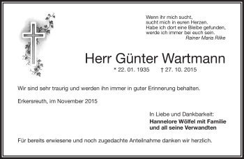 Traueranzeige von Günter Wartmann von Frankenpost