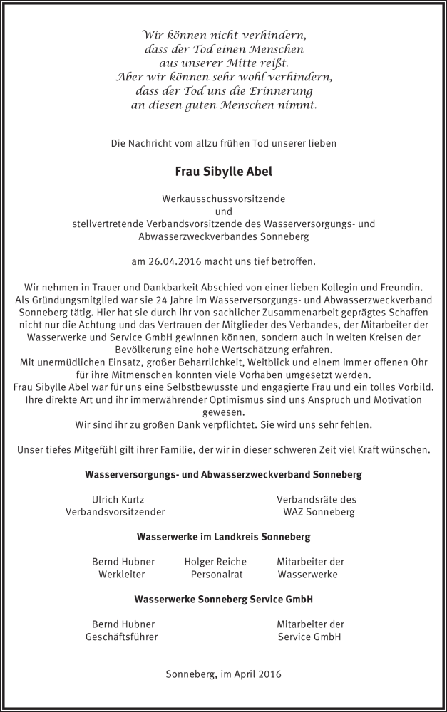  Traueranzeige für Sibylle Abel vom 30.04.2016 aus Südthüringer Presse