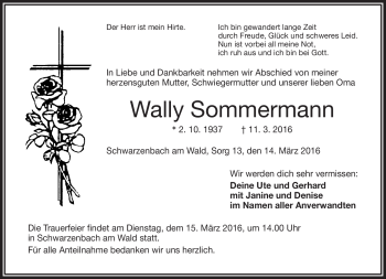 Traueranzeige von Wally Sommermann von Frankenpost