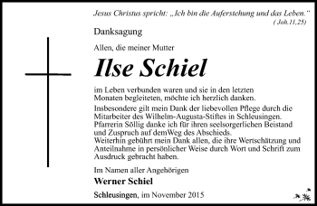 Traueranzeige von Ilse Schiel von Südthüringer Presse