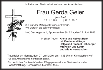 Traueranzeige von Gerda Geier von Frankenpost