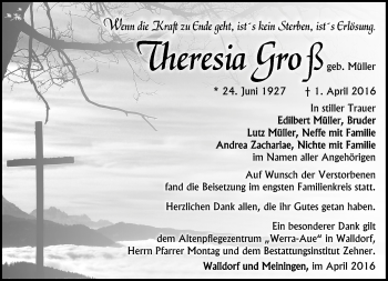 Traueranzeige von Theresia Groß von Südthüringer Presse
