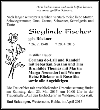 Traueranzeige von Sieglinde Fischer von Südthüringer Presse