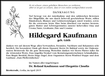 Traueranzeige von Hildegard Kaufmann von Südthüringer Presse